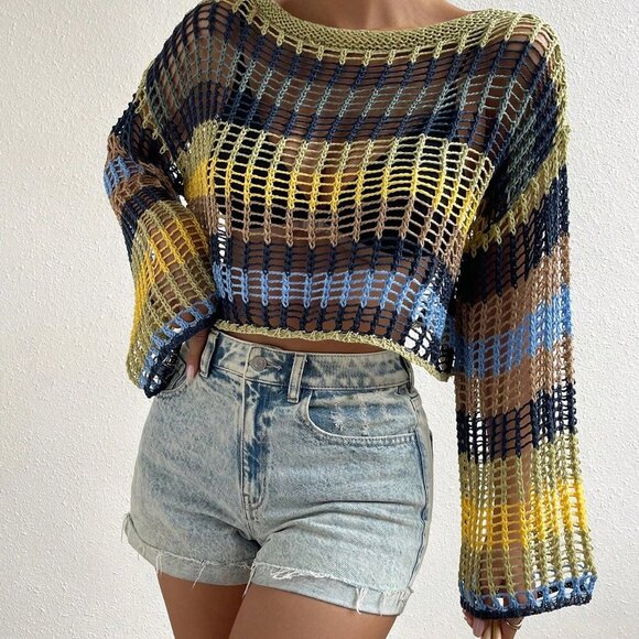 Multicolor Colorblock Women's Hollow Out top - Picture 6 of 6